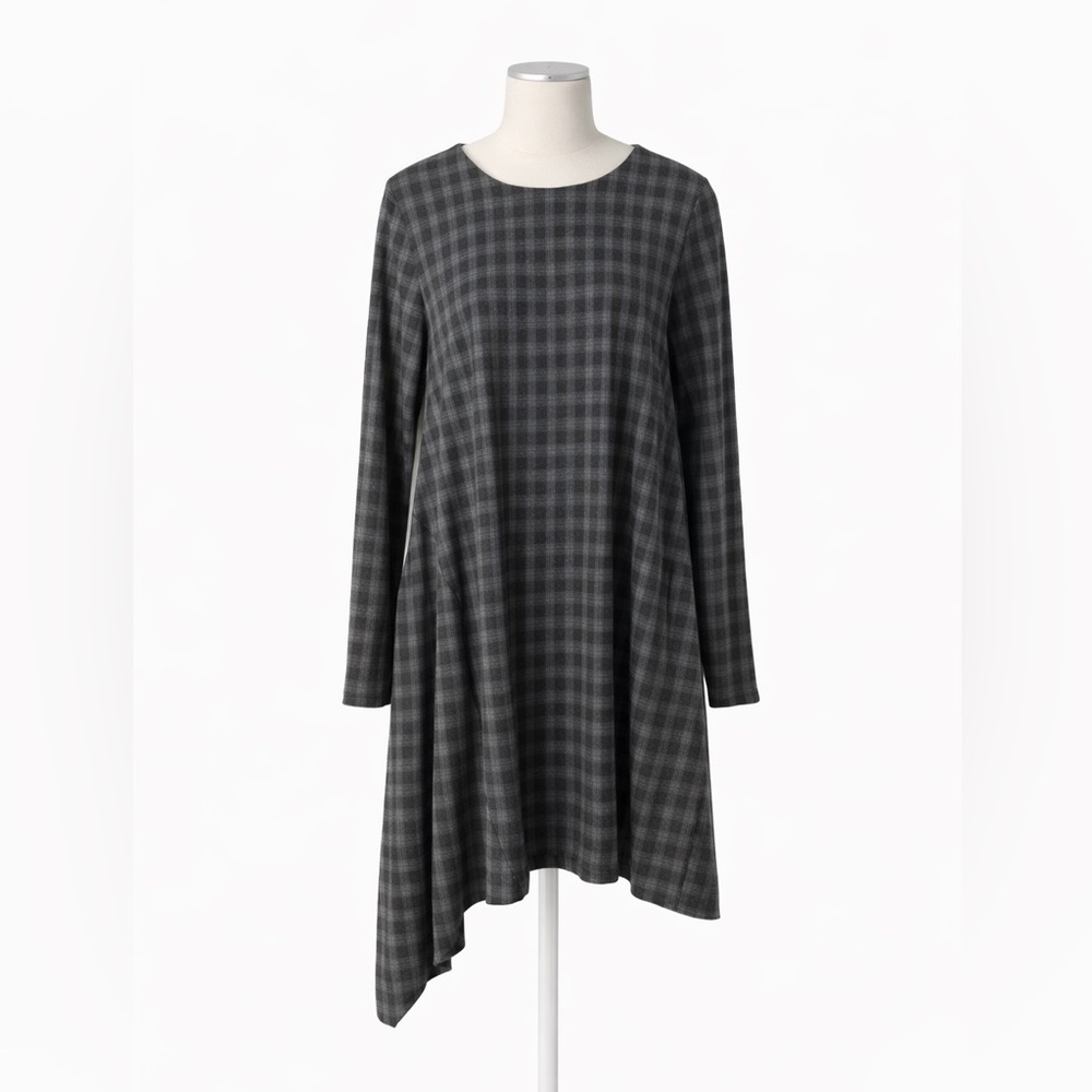Bryn Walker XL Dress Plaid Long Sleeve Shift Tunic 0553 Asymmetrical gray blacl